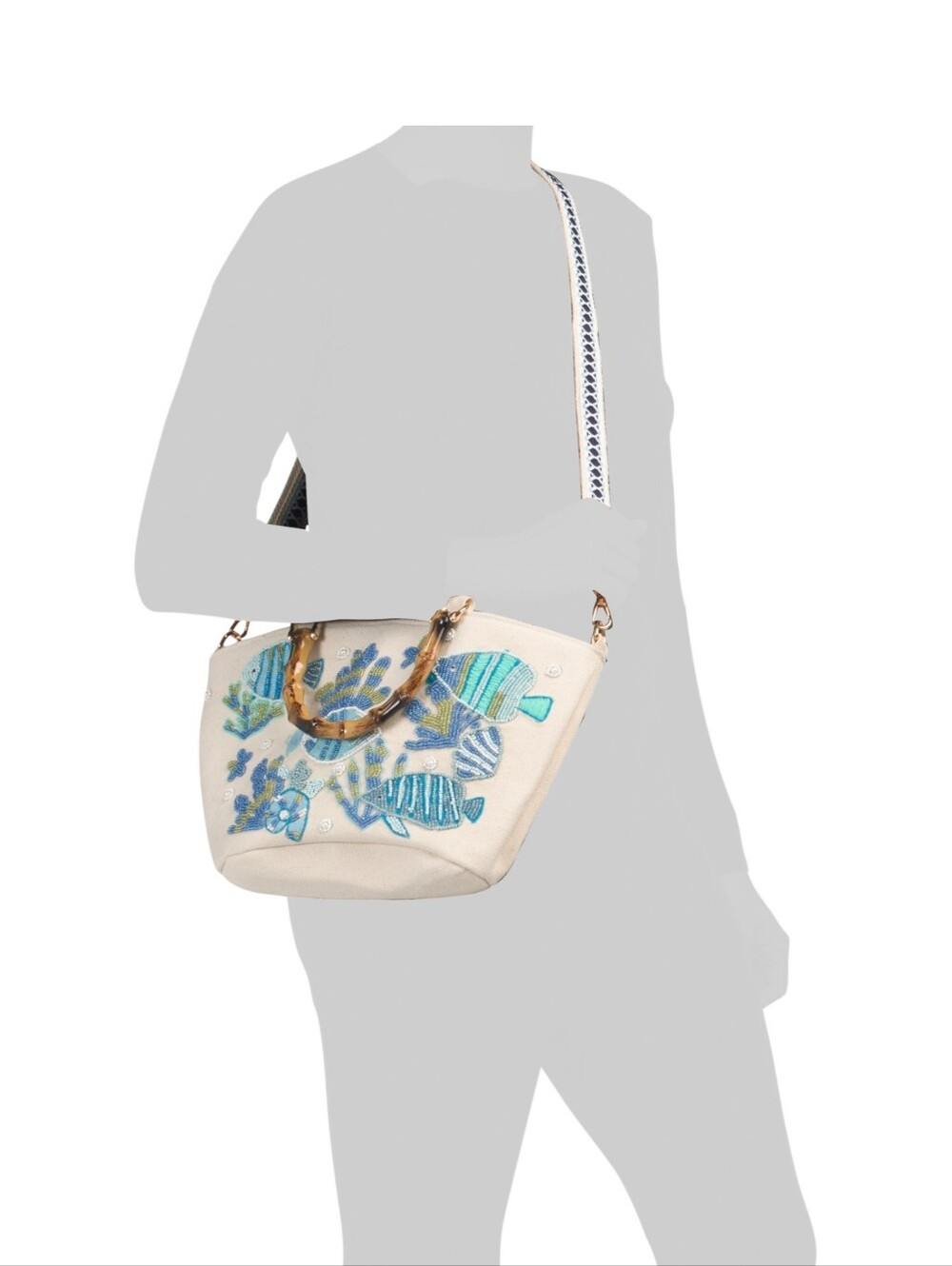 SOLE AND MER Beaded Embroidered Tote Bag with Shoulder Strap Fish Ocean NWT - Picture 6 of 11